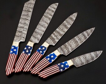 Handmade Damascus Steel Chef Knife Set, American Flag Resin Handle