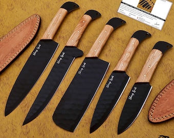Handmade Black Coated Steel Kitchen Knife Set, Wood Handle, Leather Sheath