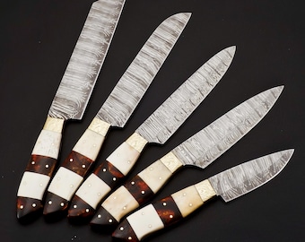 Handmade Damascus Steel Kitchen Knife Set, Resin & Camel Bone Handle