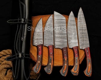 Juego de 5 cuchillos de cocina personalizados para barbacoa, juego de cuchillos de chef de acero de Damasco, regalos únicos