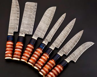 Handmade Damascus Steel Kitchen Knife Set, Resin Handle, Leather Sheath