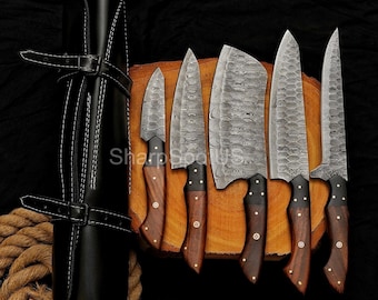 Juego de cuchillos de chef de Damasco / Cuchillos de cocina forjados con estuche de cuero, regalo de cumpleaños para ella