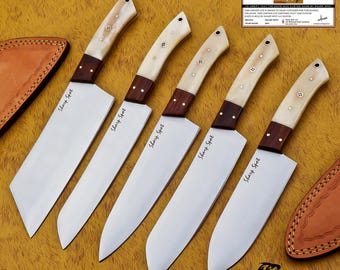 Handmade J2 Stainless Steel Chef Knife Set, Camel Bone Handle, Leather Sheath