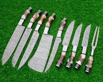 Handmade Damascus Steel Kitchen Knife Set, Stag Handle, Chef Knives