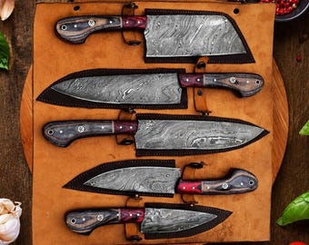 Damascus Knife Set with Leather Roll | Hand Forged Chef Knives | Birthday, Wedding & Christmas Gift