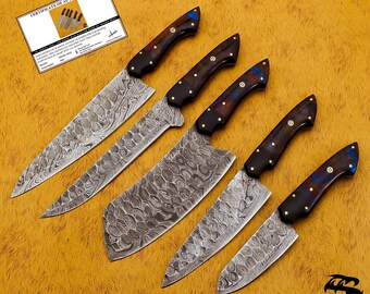 Handmade Damascus Steel Kitchen Knife Set, Resin Handle, Leather Sheath