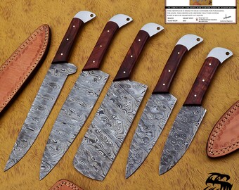 Handmade Damascus Steel Kitchen Knife Set, Wood Handle, Leather Sheath