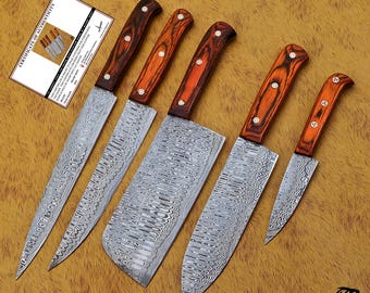 Handmade Damascus Steel Kitchen Knife Set, Pakka Wood Handle