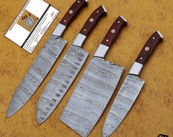 Handmade Damascus Steel Kitchen Knife Set, Rose Wood Handle