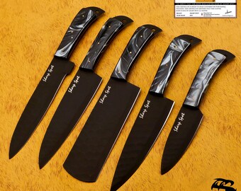 Handmade Black Coated Steel Kitchen Knife Set, Resin Handle, Leather Sheath