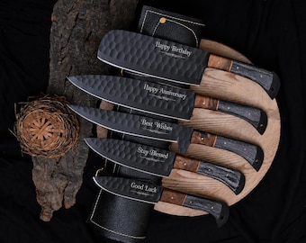 Personalized Handmade Kitchen Knife Set with Leather Knife Roll, Custom Engraved Gift for Him, Anniversary, Wedding, Father's Day Gift