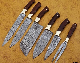 Handmade Damascus Steel Kitchen Knife Set, Rosewood Handle, Leather Sheath