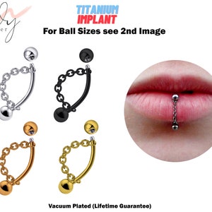 Titanium Lip Ring Vertical Labret Piercing with Chains - 18g 16g 14g Lip Piercing Curved Bar, Body Jewelry Gold, Rose Gold, Black & Steel