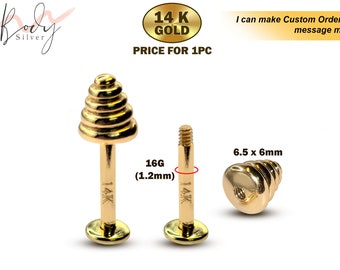 14K Gold Cone Temple Design Labret Stud Lip Jewellery - 16G Labret Piercing, Lip Ring, Lip Stud, Tragus Earring with Peach Gold Cone