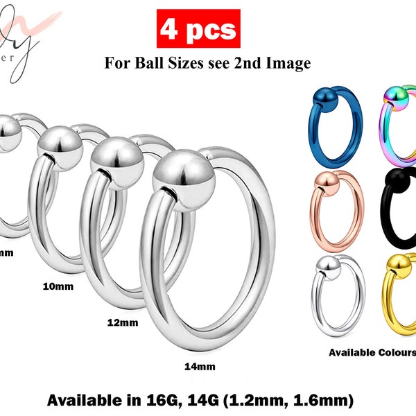 Anneau de fermeture boule, anneau septum – 4 pièces, anneau captif – Taille 8, 10, 12, 14 mm – Piercing corporel pour tragus d'oreille, clou de boucle d'oreille hélix