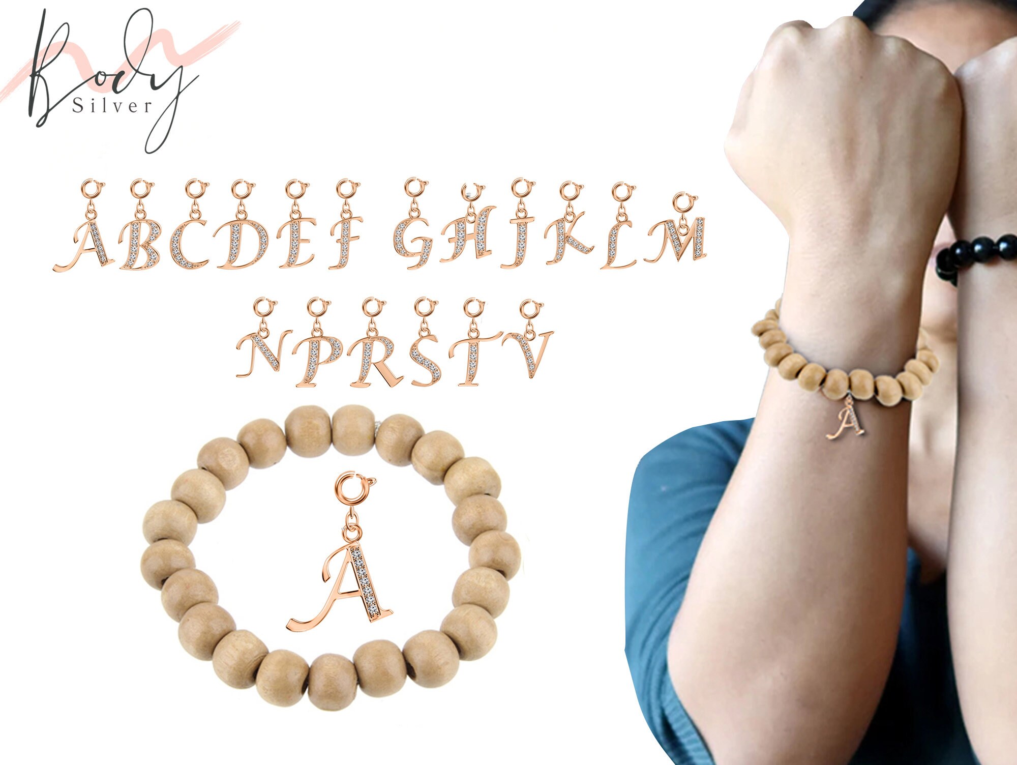 Bracelets with Round Wooden Beads and Wooden Beads with Letters