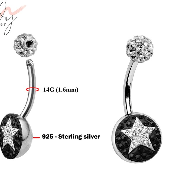 Star Belly Ring, Navel Piercing Studded with CZ Black and Clear Crystals Body Piercing 14G (1.6mm) Belly Button Ring with 925 Silver Stamp