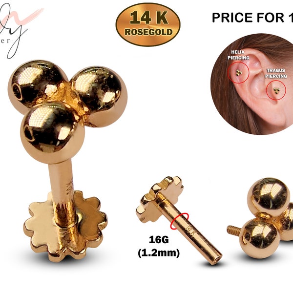 14K Rose Gold 3 ball labret stud with Flat back gear design Tragus Earring, Lip Jewelry - Internally Threading Body Jewellery Ear Piercing