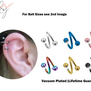 Spiral Helix Earrings, Cartilage Stud - 18g 16g 14g Spiral Bar Piercing in many colors - Body Piercing Jewelry for Nipple, Ear, Lip Ring