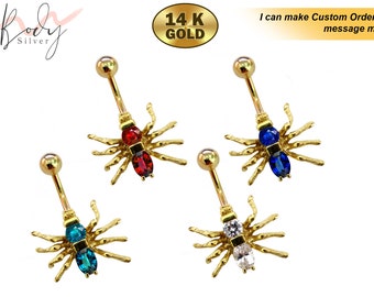 14K Gold Spider Belly Button Ring with Preciously Stone Crystal Hand Set - Finest Quality Gold Body Piercing