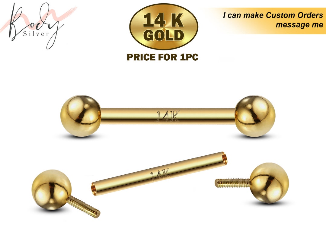 14K Gold Internal Threaded Barbell Piercing, Tongue Barbell, Bridge