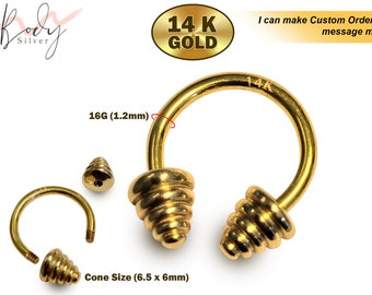 14K Gold Circular Barbell Piercing with Temple Design Cones- 16g, 6mm to 12mm - Body Piercing Horseshoe Septum Ring, Cartilage Earring