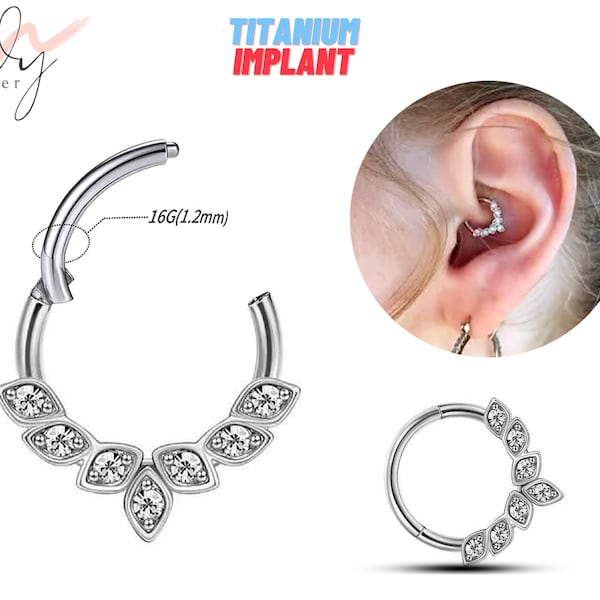 Titanium Daith Earring Cartilage Ear Piercing with CZ Crystals - 16G size 8mm to 10mm Clicker Hoops