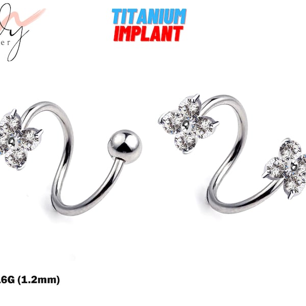 Spiral Barbell, Ear Cartilage Studs - 16G Twist Bar Helix Ear with Flower CZ Crystal - Body Piercing also for Belly, Lip Ring and Eyebrow
