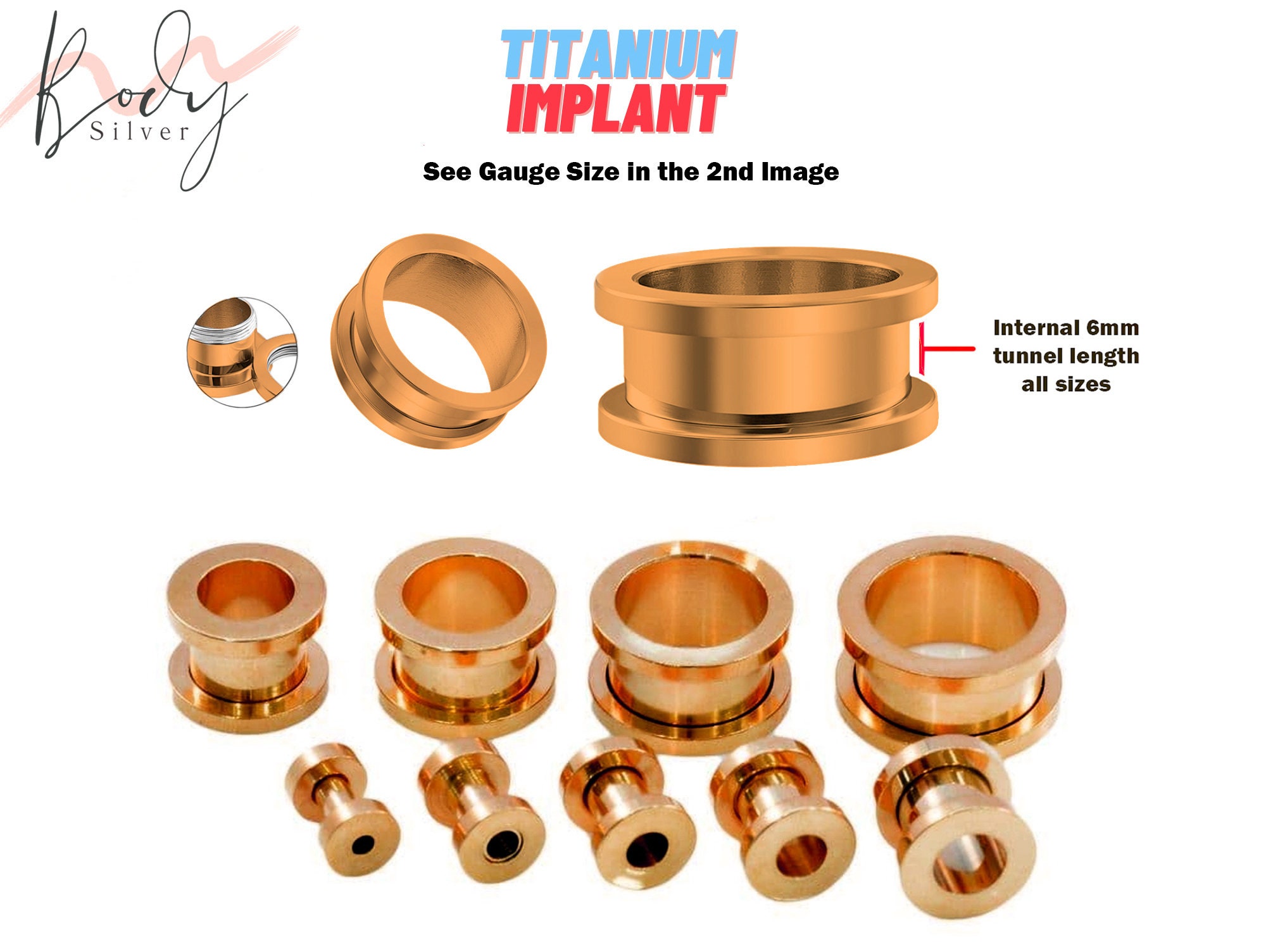Rose Gold Flesh Tunnel Earrings Titanium Ear Plugs 12G to 00G