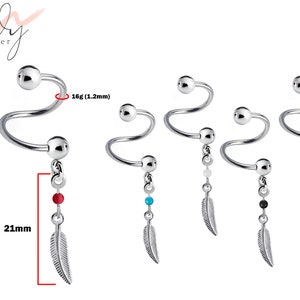 Spiral Barbell - 16g Twisted Barbell Piercing with Silver Dangle Feather Charm - Piercing for Helix, Tragus, Daith, Ear Cartilage