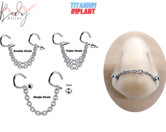 Titanium Nasallang Nose Chain Piercing, Nostril Jewelry - Nose Piercing with Nostril Screw studs - Nostril Jewelry with Bridge Chain