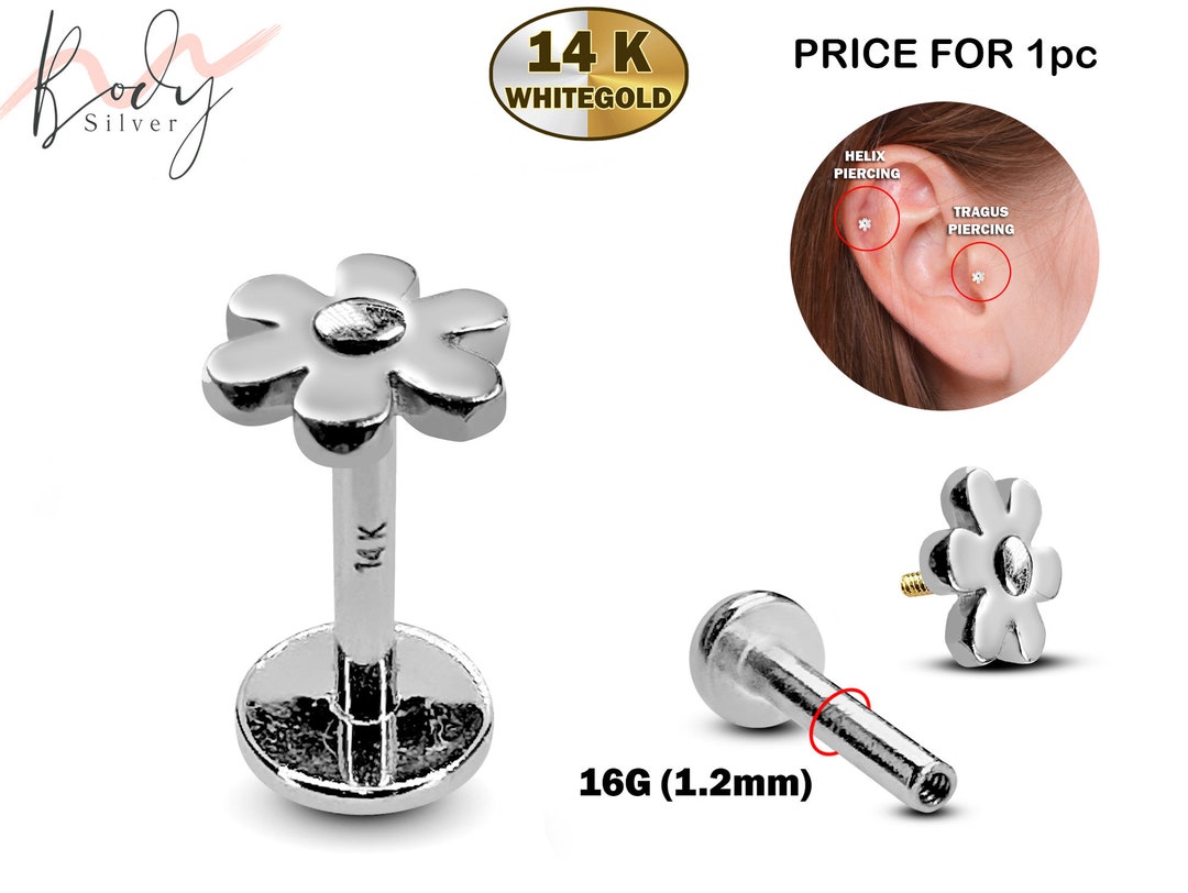 14K White Gold Flower Tragus Earring, Labret Stud, Helix Cartilage