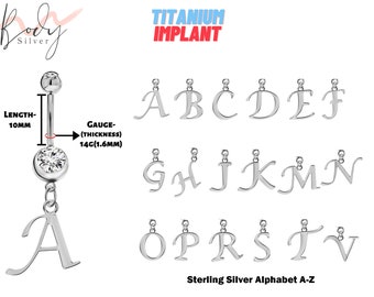 Joyería de ombligo de titanio, joyería de ombligo - Barra de ombligo de 14 g con colgante de letra inicial de plata de ley A-Z- Anillo de ombligo de alfabeto