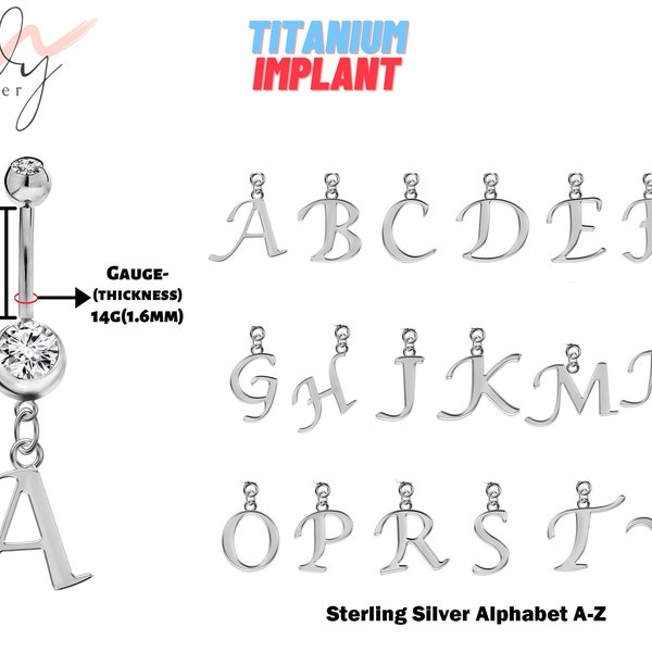 Joyería de ombligo de titanio, joyería de ombligo - Barra de ombligo de 14 g con colgante de letra inicial de plata de ley A-Z- Anillo de ombligo de alfabeto