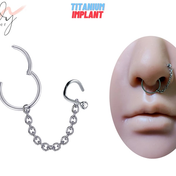 Segment Ring Septum Clicker Nose Jewelry Sets with Link Chain to Nostril Piercing - Nose Piercing with CZ Crystal - 2pcs Piercing and Chain