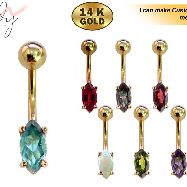 Belly Bar with Real Semi Precious  Gem Stone - 14K Gold Marquise Cut Designer Belly Button Ring - Fine Jewellery Hand Set & Hand Polished
