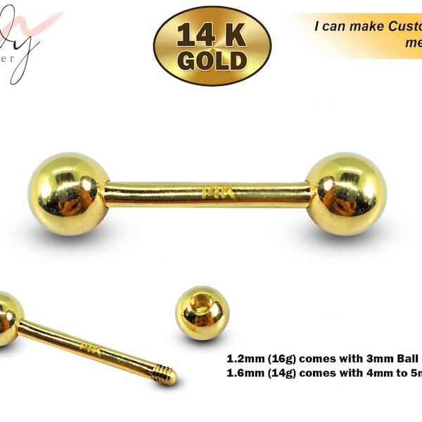 14K Gold Barbell Piercing, Barbell Earring - 14g to 16g size 6mm to 12mm - Piercing for Tongue, Daith, Helix, Tragus, Eyebrows and more