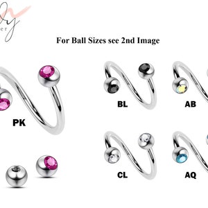 Spiral Barbell, Twisted Barbell - Surgical Steel Color Gem Ball Crystal Barbell - Piercing for Lip Ring, Eyebrow Piercing, Helix Earring