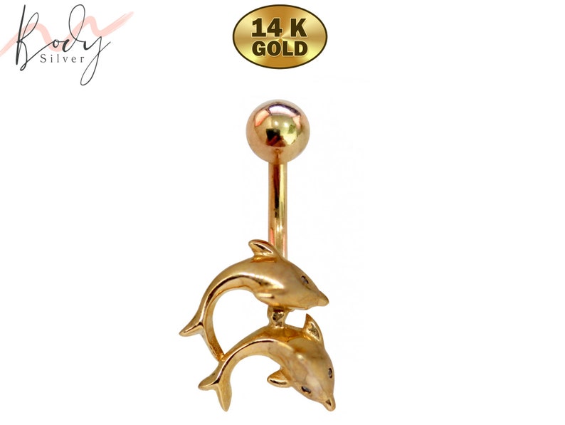 Solid 14K Gold Belly Bar Gold Designer Dolphin Belly Button Etsy