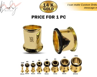 Single Flared Plugs with Grooves - 14K Gold - Ear Tunnel Stretcher Plug, Single Flare Eyelet - Expander Body Piercing