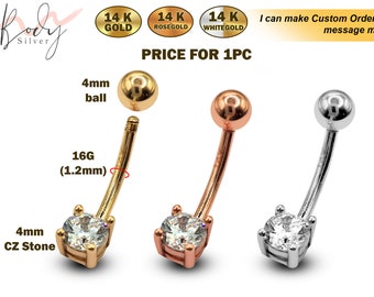 16G Belly Bar, Belly Button Ring, Curved Barbell with CZ Stone-  14K Gold, Rose Gold and White Gold - Body Piercing