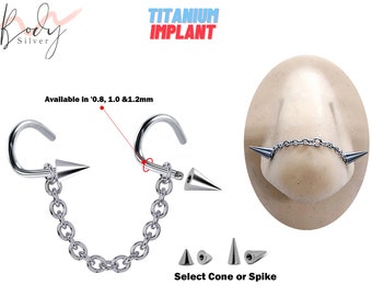 Titanium Spike Nostril Screw, Nasallang Nose Chain Nose Stud with Nostril Screw Cone/Spike - Body Piercing Nostril Jewelry with Bridge Chain