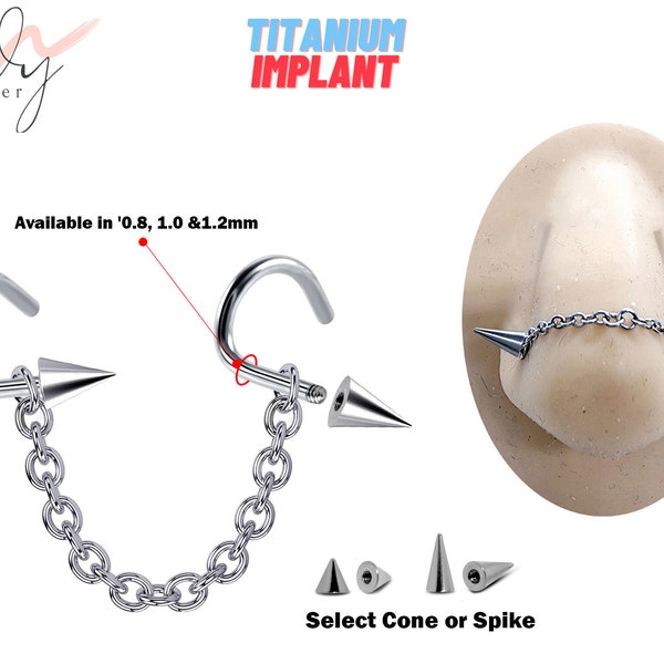 Titan Spike Nasenloch Schraube, nasallang Nase Kette Nasenstecker mit Nostril Schraube Cone/Spike - Body Piercing Nostril Schmuck mit Brücke Kette