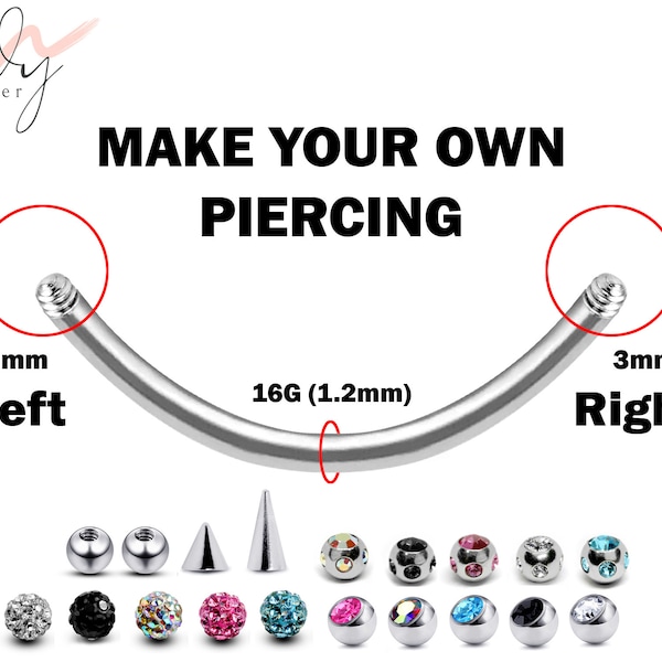 Rook Piercing, Eyebrow Jewelry, Cartilage Earrings - Customize 16g Bent Bar Earrings Make your own Piercing Jewelry - Ball Size 3mm