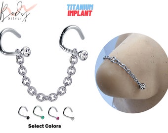 Titanium Nasallang Nose Chain Piercing - Nose Piercing with Nostril Screw stud and Crystals Body Piercing Nostril Jewelry with Bridge Chain