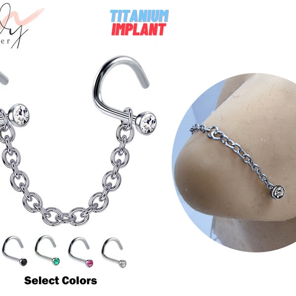 Titanium Nasallang Nose Chain Piercing - Nose Piercing with Nostril Screw stud and Crystals Body Piercing Nostril Jewelry with Bridge Chain