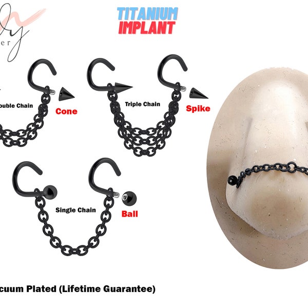 Titanium Nasallang Nose Chain Piercing - Nose Piercing with Black Chain and Nostril Screw - Nostril Jewelry with Bridge Chain