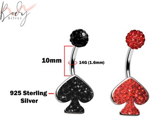 Spade Belly Ring, Navel Piercing Studded with CZ Crystals - Externally Threaded Piercing 14G (1.6mm) Belly Button Ring with 925 Silver Stamp