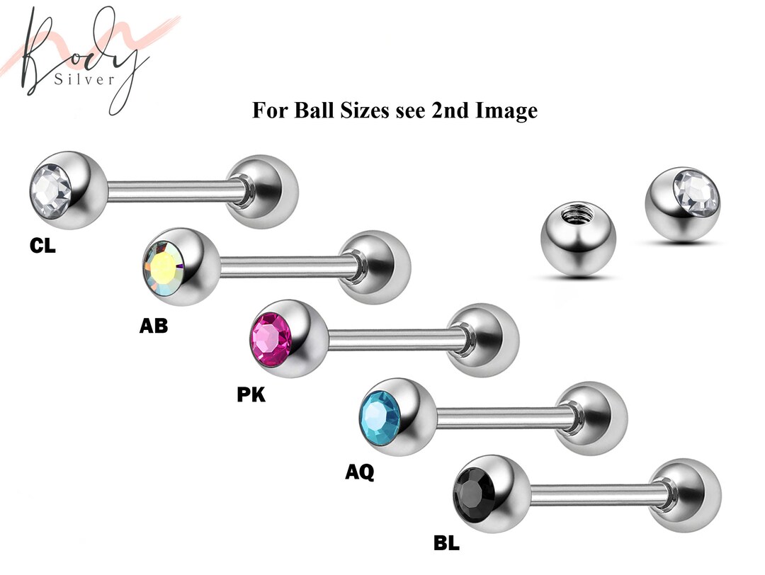 Tongue Barbell, Industrial Piercing Barbell Piercing With Gem Ball CZ