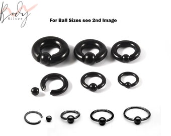 Black Ball Hoop Earrings, BCR/CBR Nose Ring - 18g to 00g Big Gauges with Spring Ball Dainty Nose Ring Hoop, PA Ring - Piercing for Ear, Nose